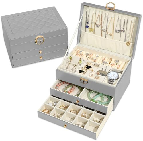 Granbest 3 Layers Jewellery Box with 2 Drawers, Elegant Jewellery Organiser, Leather Jewellery Storage Case Ideal for Necklaces, Bracelets, Rings and Earrings (Grey)