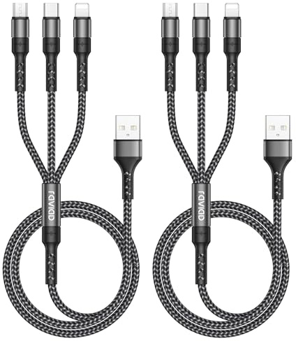 RAVIAD Multi Charger Cable, 3 in 1 Charger Cable [2Pack 2M] Multi Charging Cable Nylon Braided with Micro USB Type C Lightning Cable Connector for iPhone 16/15, Galaxy S24/S23, Android, LG-Grey