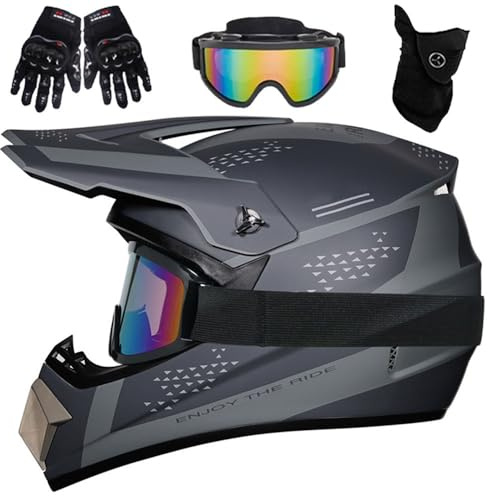 HNGKGJBL Youth Dirt Bike Helmet with Goggles Gloves Mask for 5-14 Years Old, Kid ATV Helmet for Youth Boys Girls, ATV BMX Downhill Mountain Bike Quad Bike, DOT Approved(Q2,L(56-57cm))