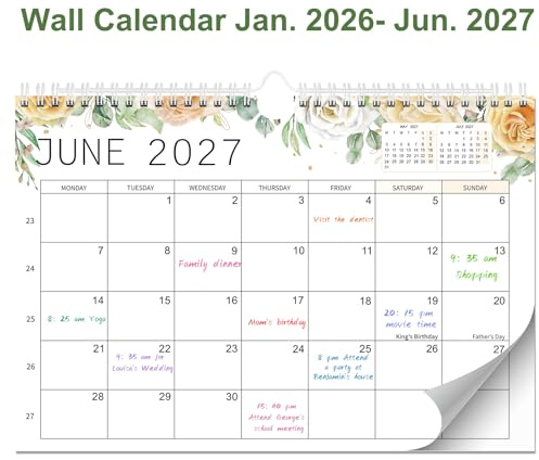 Calendrier Mural 2026/2027-18 Calendrier Mensuel Muralde, Janvier 2026 à Juin 2027 Calendrier familial, 2026 Calendrier Muraux pour une Planification Facile et Efficace - Vert