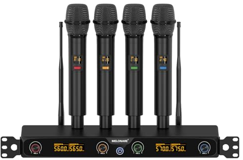 MELONARE 4-Channel Wireless Microphone System, UHF Rackmountable Cordless Mic Set w/ 4X 10 Frequencies, 260ft Range, Dynamic Handheld Microphone for Singing, Karaoke, Church, DJ, Party (MWM-41F)