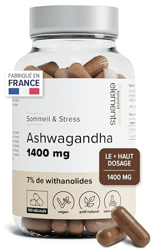 Ashwagandha 1400mg - Régulation Cortisol - Extra Fort : 7% Withanolides - Anti Stress & Sommeil - Ashwagandha Pure - 100 Gélules Végétales - Vegan - Beyond Elements