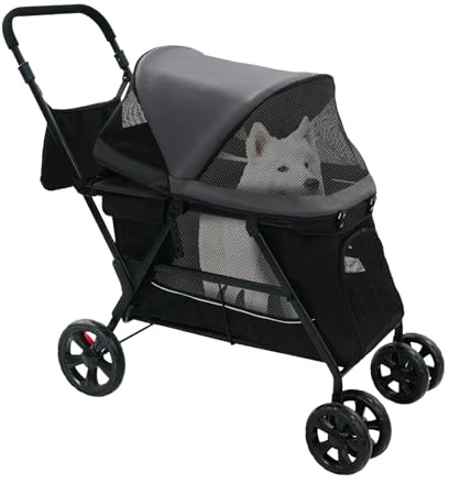 Carrito plegable para perros hasta 30 kg, carrito de viaje para mascotas de tela Oxford 600D, carrito para mascotas con tabla de entrada, ruedas de 360° y frenos, para perros y gatos medianos, 85 x 57
