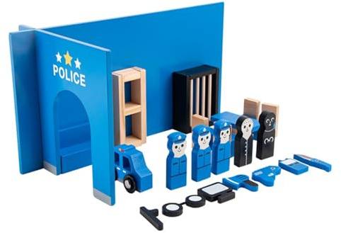 HGZLQKD Children Role Play Police Wooden Police Station Playset Toy Set Kit Figures Car Handcuffs Radio Computer Megaphone Wood Beech MDF suitable for toddler