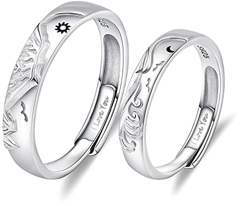 ANAZOZ Anello con Incisione(I LOVE YOU),Anelli Fidanzamento Coppia,Set Anelli Donna Argento 925,Montagna e Mare Sole e Luna Anello Uomo Regolabile,