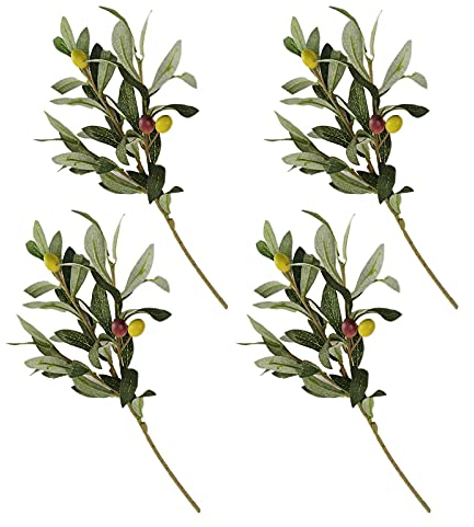 RTWAY Ramas de olivo artificiales, 4 ramas de olivo falsas con frutas, plantas falsas, hojas verdes, arreglo de hojas para decoración del hogar, oficina, boda