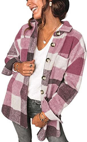 YMING Camicetta da Donna Tartan con Tasche Blusa per Il Tempo Libero A Quadri Larghi con Tasche Rossa S