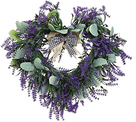 RNCOZE 16.92 Inch Handmade Lavender Wreath for Front Door, Heart Shaped Lavender Flower Garland Swag, Spring Wreath for Wall Window Wedding Decor, Multicolor, 43 x 48cm