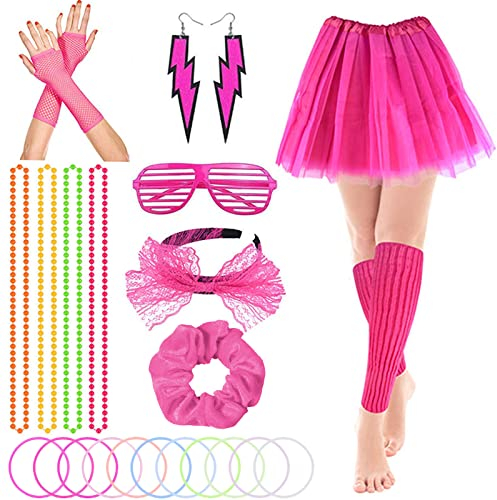 24 Stück 80er Jahre Outfit Damen, 80er Kostüm Accessoires, Partei Fancy Dress Zubehör Set, Beinstulpen Netzhandschuhe Sonnenbrille Spitzenstirnband Mehrfarbige Armbänder für Weihnachtsdeko Party