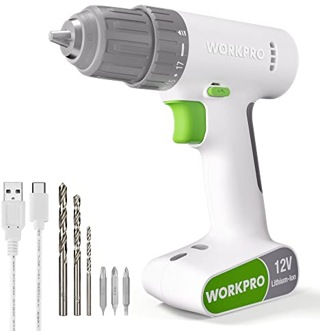 WORKPRO Atornillador Inalambrico 12V, Destornillador Eléctrico, Taladro Atornillador con Velocidades Variables, Luz LED, con 6pc Accesorios