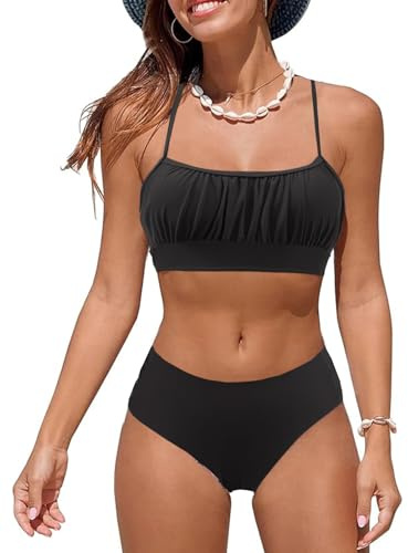 Rayson Costumi da Bagno per Donna a Due Pezzi Ruched Bandeau Bikini Set Regolabile Tracolla Costumi Donna Imbottito Push Up Bikini Top Sgambata a Vita Alta Fond Beachwear Swimwear(Nero,M)