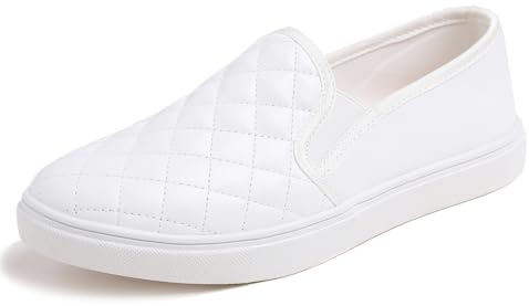 Feversole Women's Fashion Slip-on Sneaker Casual Flat Loafers,Baskets à Enfiler à la Mode pour Femmes Mocassins Plats décontractés Élastique PU Matelassé Blanc Taille 41