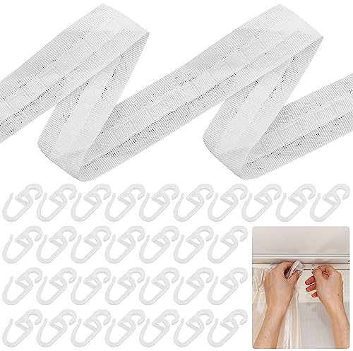 Fizdoqg Gardinenband Kräuselband 30 m x 2,5 cm Gardinenband Universalband Gardinenband zum Aufnähen Faltenband Falten for Abnehmbarer Vorhang-weiß, mit 60 Gardinenhaken