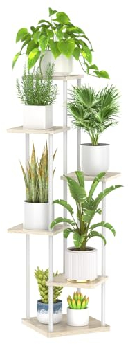 LyTaispuly 6 Tier Tall Corner Plant Stands Indoor Outdoor, 115cm Large Metal Wood Plant Stand Flower Shelf for Multiple Plants, Tiered Plant Holder Rack for Balcony Garden Patio Living Room (White)
