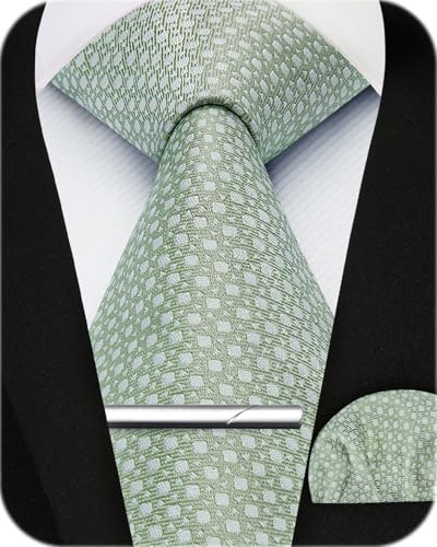 Enlision Corbata de lunares verde salvia con pañuelo y pasador de corbata Corbata y pañuelo Pocket Square Toalla Set para bodas, ocasiones formales y trabajo de negocios.