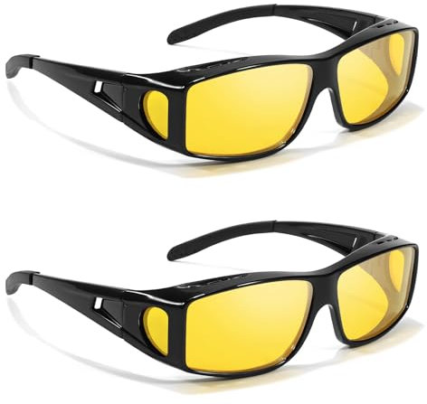 LVIOE Lot de 2 paires de lunettes polarisées à vision nocturne pour homme et femme, verres jaunes TAC avec phare antireflet, A01 Noir + Noir