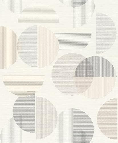 Rasch Carta da parati 735956 – Carta da parati in tessuto non tessuto chiaro con motivo geometrico a cerchi e semicerchi, beige e grigio, 10,05 m x 0,53 m
