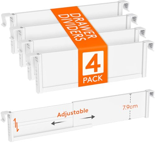 Lifewit Set di 4 separatori per cassetti sospesi regolabili, altezza 8 cm e lunghezza 25-42,7 cm, organizer per cassetti, tavolo da toeletta, divisori in plastica, per cucina, scrivania, ufficio,