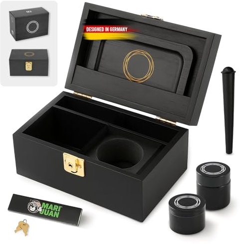 MARI & JUAN Stash Box in Bambù | 17x10,8x8,5 cm I Set Completo con Vassoio, Macinaspezie, Carte e Barattoli Antiodore Salva-Aroma | Organizza e Conserva i Tuoi Accessori | Regalo Elegante