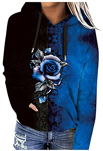 Generisch Langarmshirt Damen Lose Bedruckte Sweatshirt-Langarm-Pullover-Bluse mit für Damen in Farbblock-Optik (Blue, XXL)