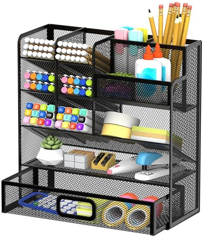 SUPEASY Mesh Pen Holder Desk Organiser with Drawer, Office Supplies, Black | Mesh desk organiser with drawer and 12 compartments for stationery, makeup and small office supplies