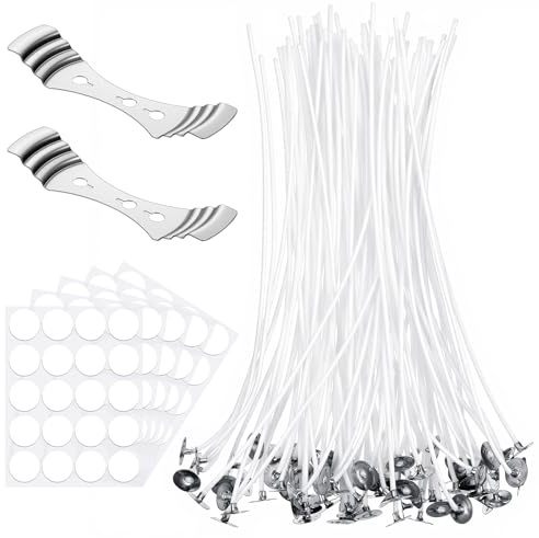 100 Pcs cotton wicks for candles 8 Inch wicks for candlemaking Pre-Waxed with Paraffin, Includes 100 Adhesive Stickers and 2 Metal Wick Holders for Soy Beeswax Candle Making candle making wicks