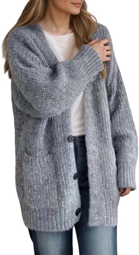 Generisch Cardigan surdimensionné pour femme en grosse maille - Cardigan long avec boutons - Manteau en tricot décontracté pour l'automne et l'hiver, Style_b04 Gris, L