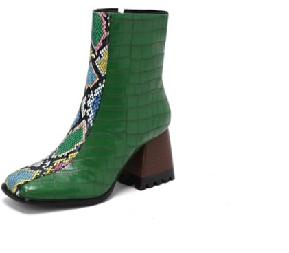 Generico Stivaletti con Pannello A Contrasto da Donna Punta Quadrata Tacco Largo Motivo Serpente Coccodrillo Soletta Imbottita Antiscivolo Quotidiano Streetwear,Verde,36 EU
