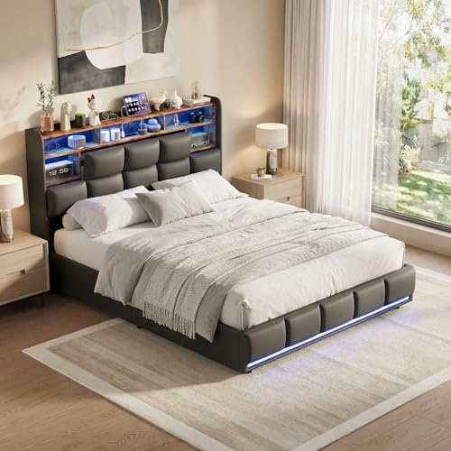 Säng med Förråd 140x190 med Sängbotten, Dubbelsäng med Kuddar 140x190 med LED, Säng för 2 Personer med Hydraulisk Förvaring, Dolt Förråd i Sänggaveln, PU Svart, utan Madrass (Svart A, 140x190 cm)