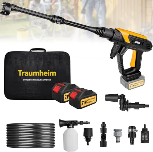 Traumheim Hidrolimpiadora de Alta Presion 21V/68Bar/990PSI - 2X Batería 4000mAh - Set Completo 17 Piezas - Limpiadora Portátil Multiusos para Coche, Terraza, Jardín