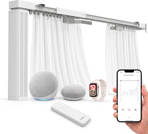 Quoya Smart gardinsystem, elektrisk gardinskena med automatiserad spår. Motoriserad och justerbar skena/stång (upp till 7 meter). Kompatibel med Alexa, Google, Siri.