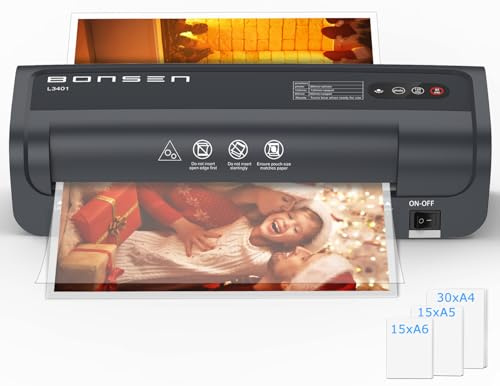 BONSEN A4 Laminator Machine with 60 Laminating Pouches, Never Jam Technolagy, 270mm/min Quick Lamination for Office, Home, School Crafts, Menu, L3401