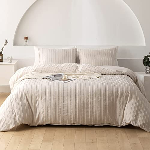 Nyescasa Boho Bettwäsche 220x240 cm Beige Gestreift Streifen Getuftet Wendebettwäsche Set Mädchen Bohemian Mikrofaser Bettbezug mit Reißverschluss und 2 Kissenbezug 80x80 cm