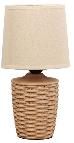 Distressed Tan Ceramic Vintage Basket Weave Urn Base Table Desk Lamp with Beige Linen Tapered Drum Lampshade | 30cm Height | ES E27 Lamp Bulb Required | UK Approved