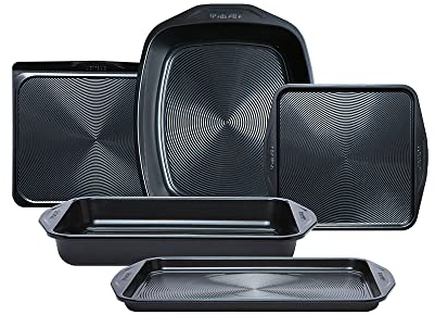Circulon Ultimum Oven Trays, Roasting Tins & Baking Tray Set of 5 - Non Stick Oven Tray Set, Freezer & Dishwasher Safe Carbon Steel Bakeware, Black