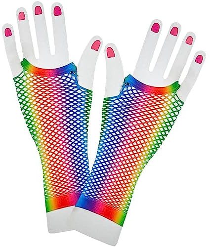 GA COMMUNICATIONS Long Rainbow Fishnet Gloves Women, Fingerless - Stretchy Gay Pride Net Gloves 80s | Fancy Dress, LGBT Party Accessories (Multicolored, One Pair)