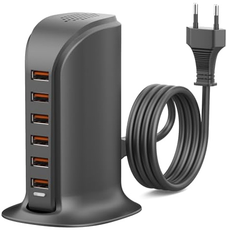 WUKUR 50W Caricatore USB Multiplo con 6 Porte da Tavolo,Compatibile con iPhone/iPad/Samsung/Huawei/HTC/LG/Nexus/Nokia/Motorola,Stazione di Ricarica da Muro per Cellulari