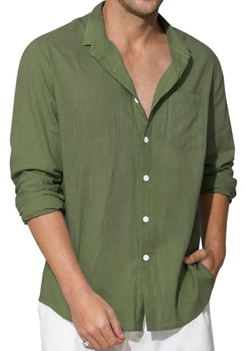Enlision Army Green Linen Shirts for Men Long Sleeve Casual Olive Green Henley Shirts Cotton Button Down Summer Shirt Beach Lightweight w Pocket L