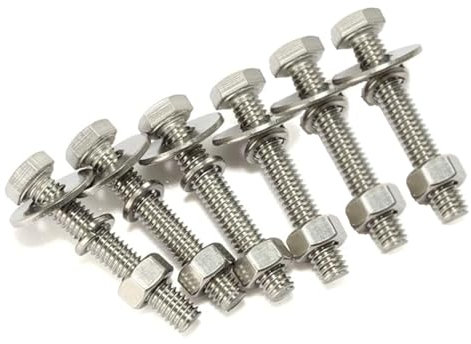 Super Mundo - 60 juegos de tornillos de cabeza hexagonal 6x33mm con tuercas, arandelas planas y de bloqueo extra grandes y gruesas, totalmente roscados, acero inoxidable