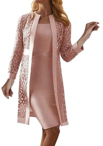 Robe de soirée longue en dentelle pour femme - Noir - Élégante pour mariage - Robe spéciale pour les invités de mariage - Robe de fête - Robe de mariage - Mère de la mariée - Moderne - 2 pièces, Rose,
