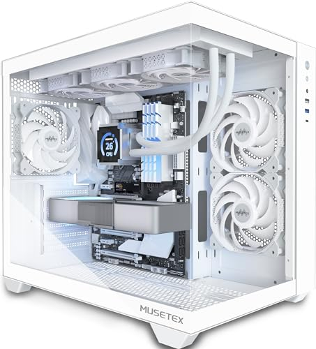 MUSETEX PC Gehäuse ATX,360MM Rad-Unterstützung, Typ-C Gaming PC CASE, 270° Full View Tempered Glass Mid Tower PC-Gehäuse 3 Non-LED-Lüfter vorinstalliert,reinweißes ATX Computer Gehäuse, Y6