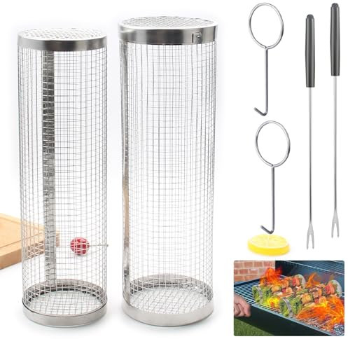 Edelstahl Grillkorb 2 Stück, Rolling Grillkochzubehör Rund Frittierkorb Nestendes Rollendes Grillkorb Set Grilling Basket Grillkorb Edelstahl mit Gabel für Camping und Terrassengrills Freien