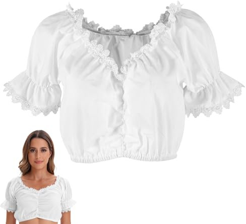 HENGBIRD Blusa Tirolesa para Mujer, Blusa tirolés Blanca, Blusas tirolés para Mujer, Blusas Tradicionales, Blusa Tirolesa, Encaje, Blusa tirolés para Mujer, Blusa tirolés para Mujer, Oktoberfest(L)