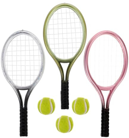 Toyvian 3 Sets Miniature Tennis and Racket Ornament Dollhouse Decor, Mini Tennis Balls Cake Decorations Mini Stuff for Diying Tennis Racket Keychains or Sports Souvenir