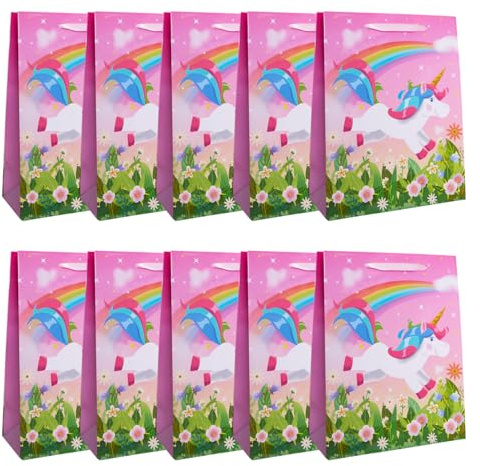 Idena 30481-10 - Geschenktüten Einhorn, 10 Stück, Geschenktasche in der Größe 18 x 23 x 8 cm, Papiertüten in Pink mit einem Einhorn