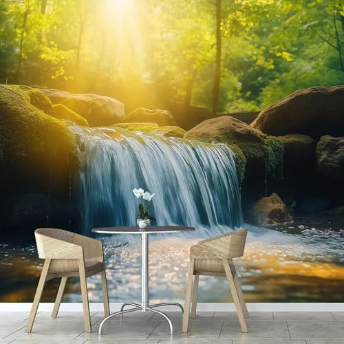 Bosque Cascada Papel Tapiz Fotográfico, Paisaje Natural Mural Papel Pintado Efecto 3D, 150×105cm Decoración Papel Pintado Sala Estar Dormitorio