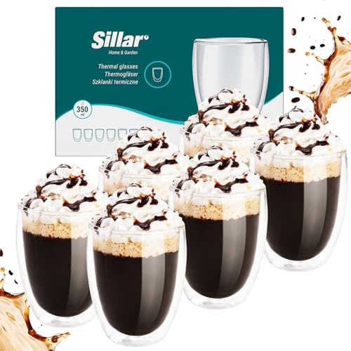 Sillar Dubbelvägg Kaffeglas 8 x 350 ml | Termiska glasögon med dubbelvägg av borosilikatglas, glas för kaffe, te, Mattcha, Latte Machiatto