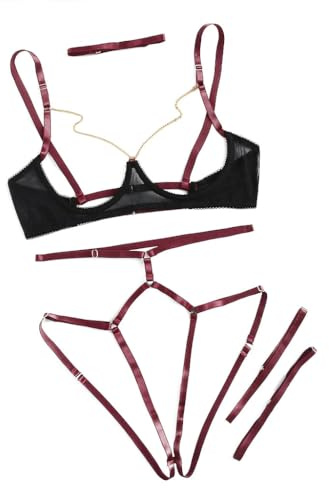 Lingerie Hot per Donna Aperto Bello Hard Set Sexy Cut Out Body Rete Completi Intimi da Donna (Wine, L)