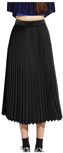 2025 Falda plisada de cintura elástica midi elegante para mujer, falda larga hasta la rodilla lisa, Negro, L
