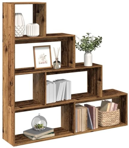 Mandloder Estantería divisoria de 4 niveles, aspecto de madera envejecida, 143,5 x 29 x 143,5 cm, de madera, con mucho espacio de almacenamiento, versátil como estantería o separador de habitaciones